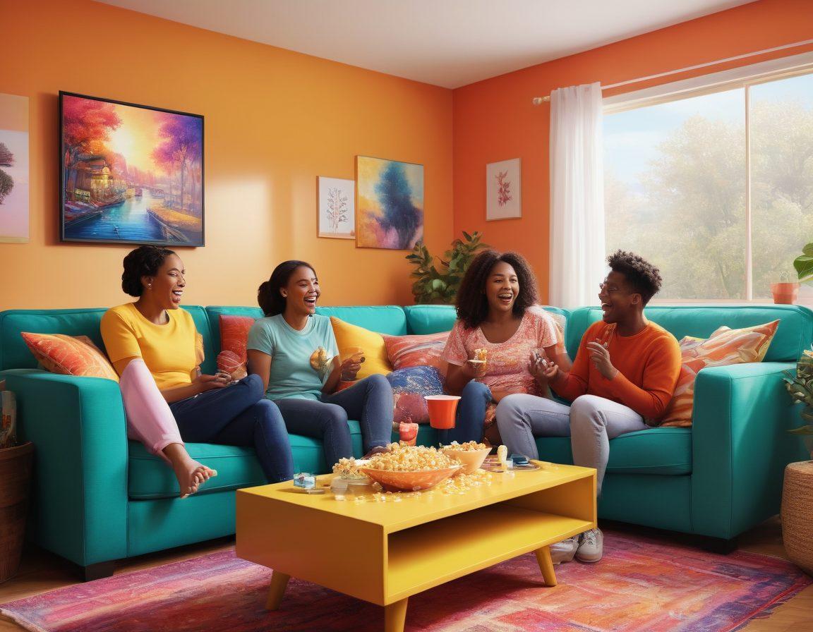 A vibrant scene depicting a diverse group of friends gathered around a television, laughing and enjoying various animated characters from different shows on screen. The living room is filled with colorful decor, popcorn scattered on the table, and animated elements coming to life around them, signifying the joy of streaming entertainment. Bright, playful colors dominate the scene, evoking happiness and excitement. super-realistic. vibrant colors. lively atmosphere.