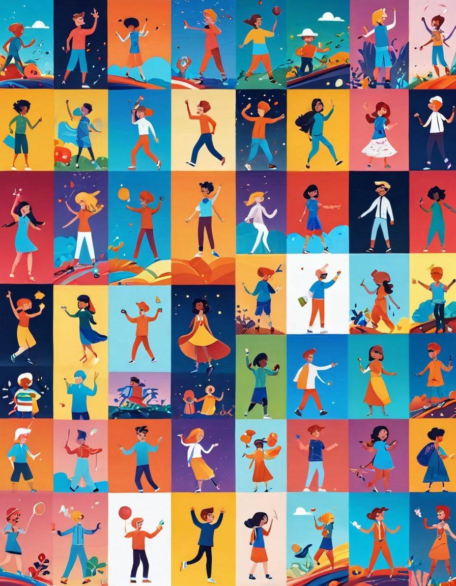 A vibrant collage showcasing various animated scenes including short clips, character designs, and a full series, radiating joy and creativity. Include elements like colorful characters, playful backgrounds, and dynamic action poses, all interconnected with motion lines. Highlight a gradient sky transitioning from day to night to symbolize the diverse spectrum of animated content. super-realistic. vibrant colors. white background.