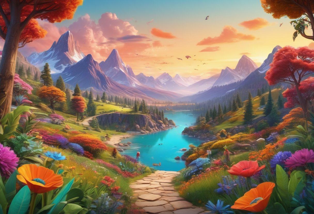 A colorful collage showcasing diverse animation styles including traditional hand-drawn, 3D CGI, and stop-motion. Incorporate whimsical characters engaging in various activities, like dancing and exploring vibrant landscapes filled with animated flora and fauna. Include streaming symbols like play buttons and film reels, symbolizing the journey through entertainment. The background should be dynamic and engaging, filled with bright colors and energetic patterns. super-realistic. vibrant colors. 3D.